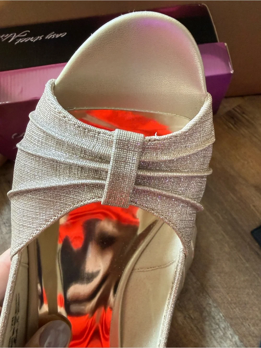 easy street Nude/Tan Open-Toe Slingback Heels with Pleated Detail